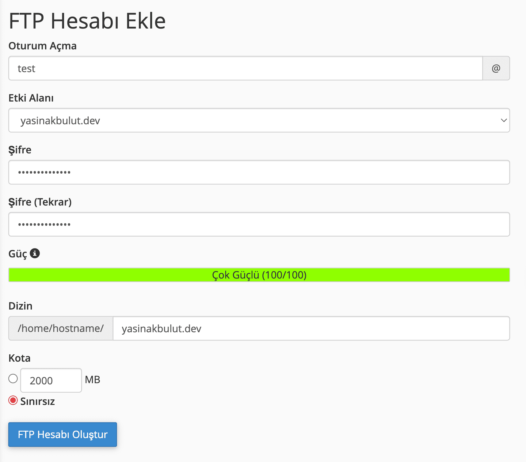 FTP Hesabı Oluşturma
